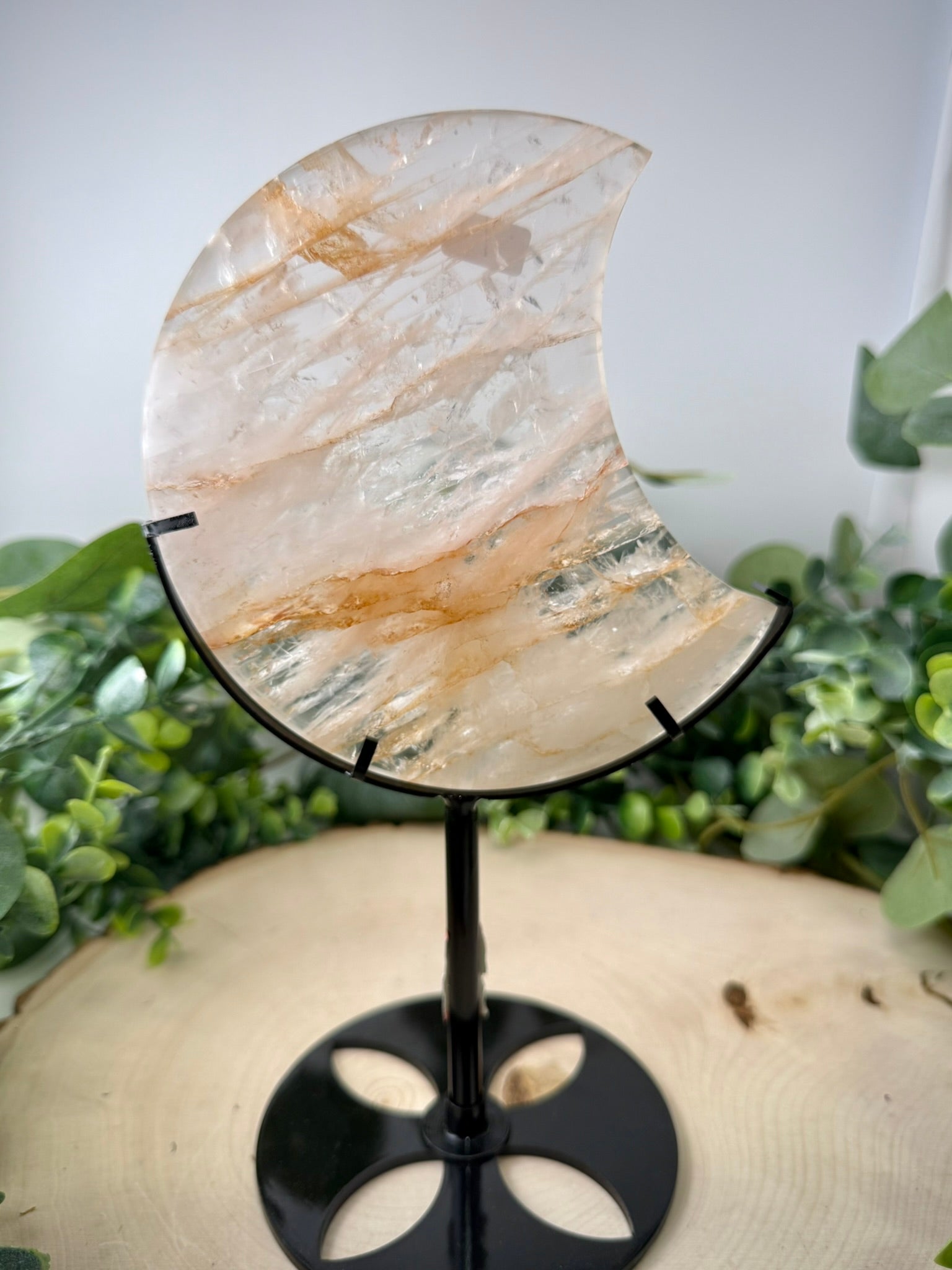 Fire Quartz &amp; Golden Healer Moon Carving | Large Crystal Crescent on Custom Stand