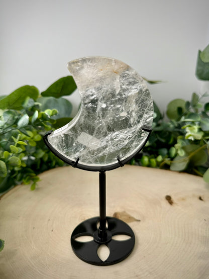 Clear Quartz Moon Carving | Crescent Moon Crystal with Custom Display Stand - Still Water Crystals