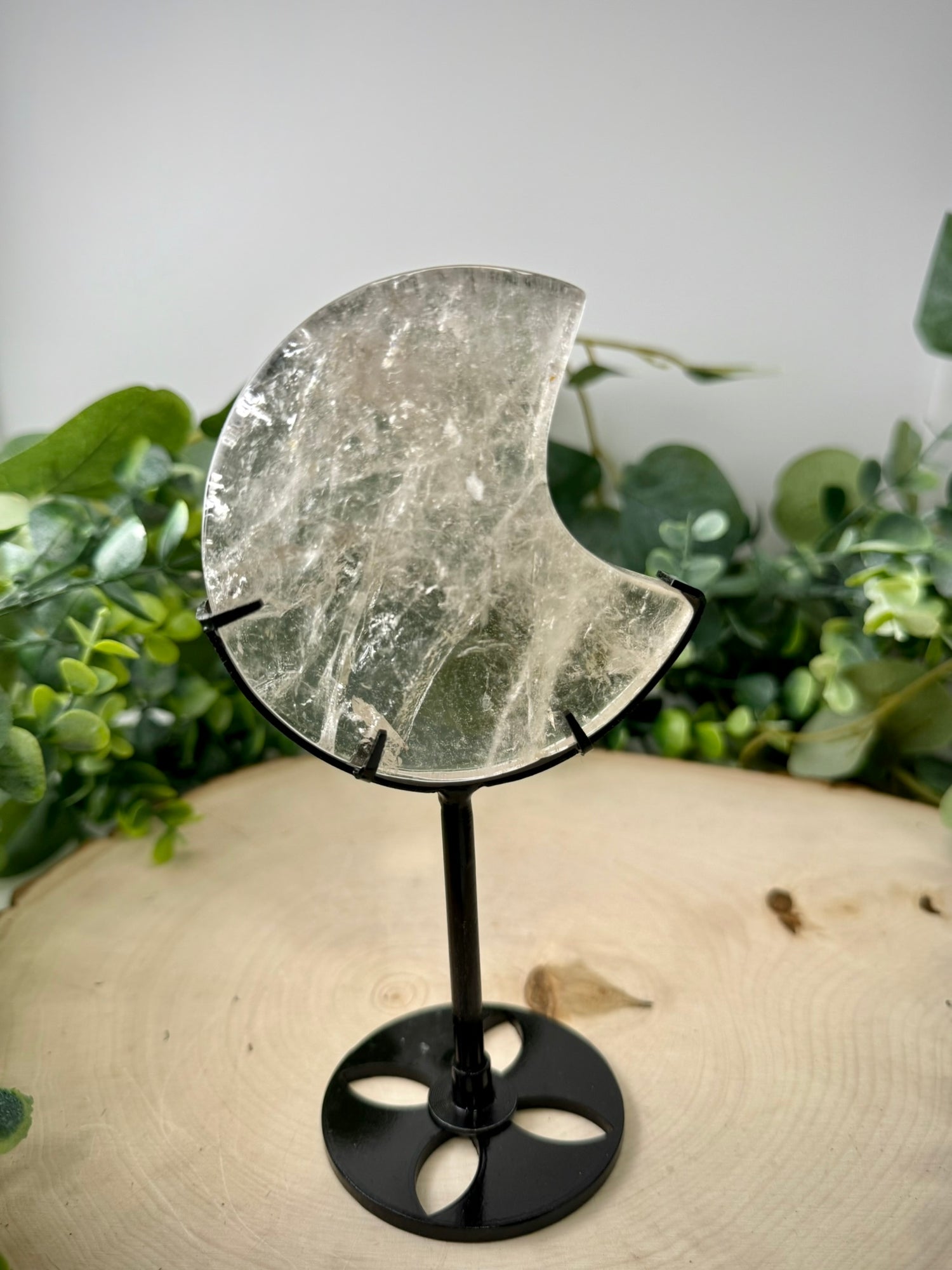 Clear Quartz Moon Carving | Crescent Moon Crystal with Custom Display Stand - Still Water Crystals
