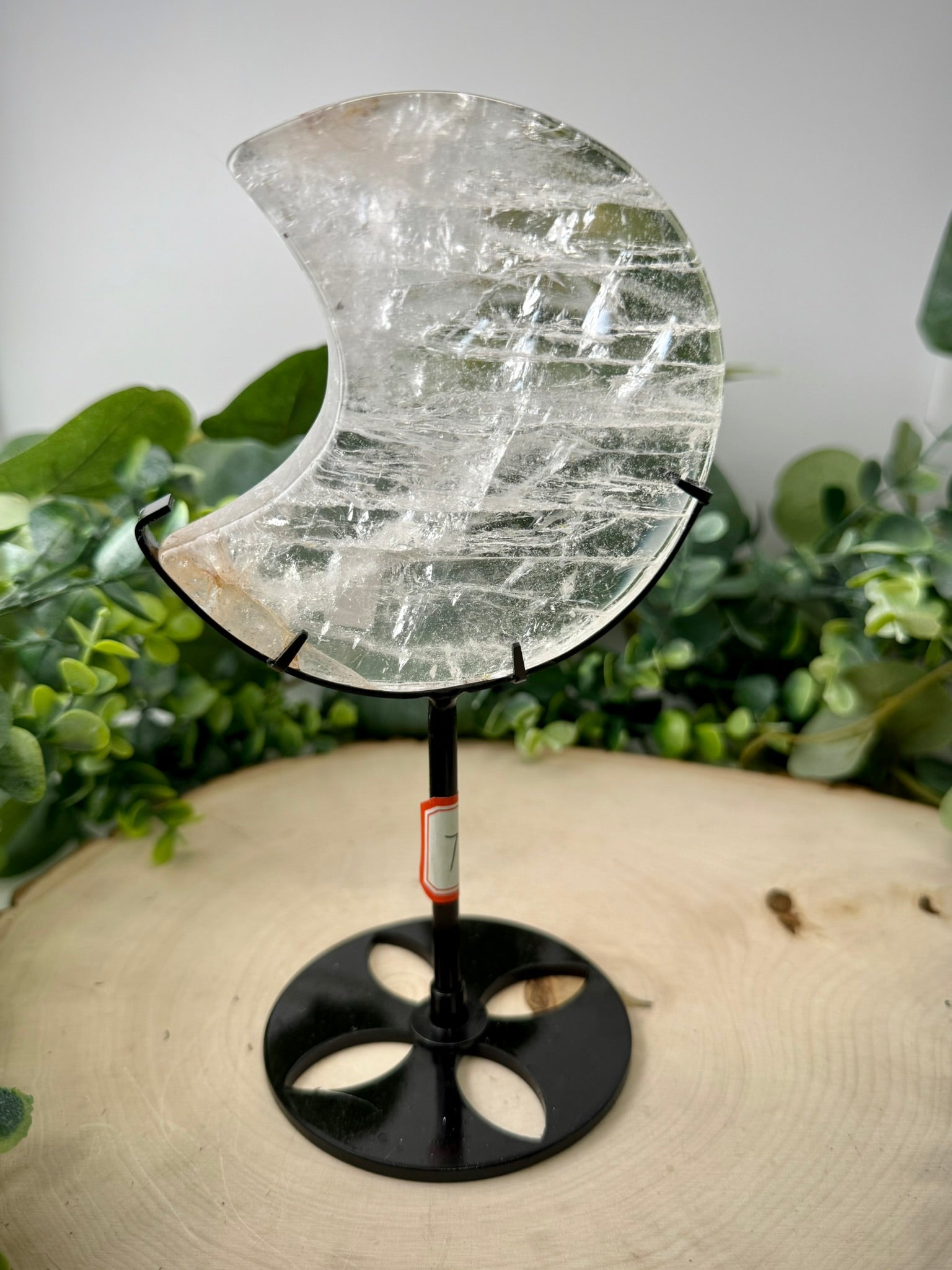 Clear Quartz Moon Carving | Crescent Moon Crystal with Custom Display Stand - Still Water Crystals