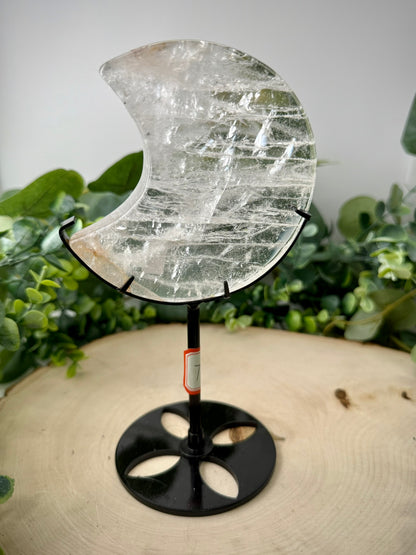 Clear Quartz Moon Carving | Crescent Moon Crystal with Custom Display Stand - Still Water Crystals