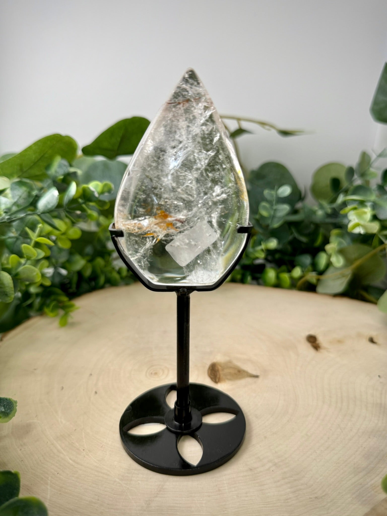 Clear Quartz Golden Healer Teardrop | Crystal Carving on Custom Display Stand