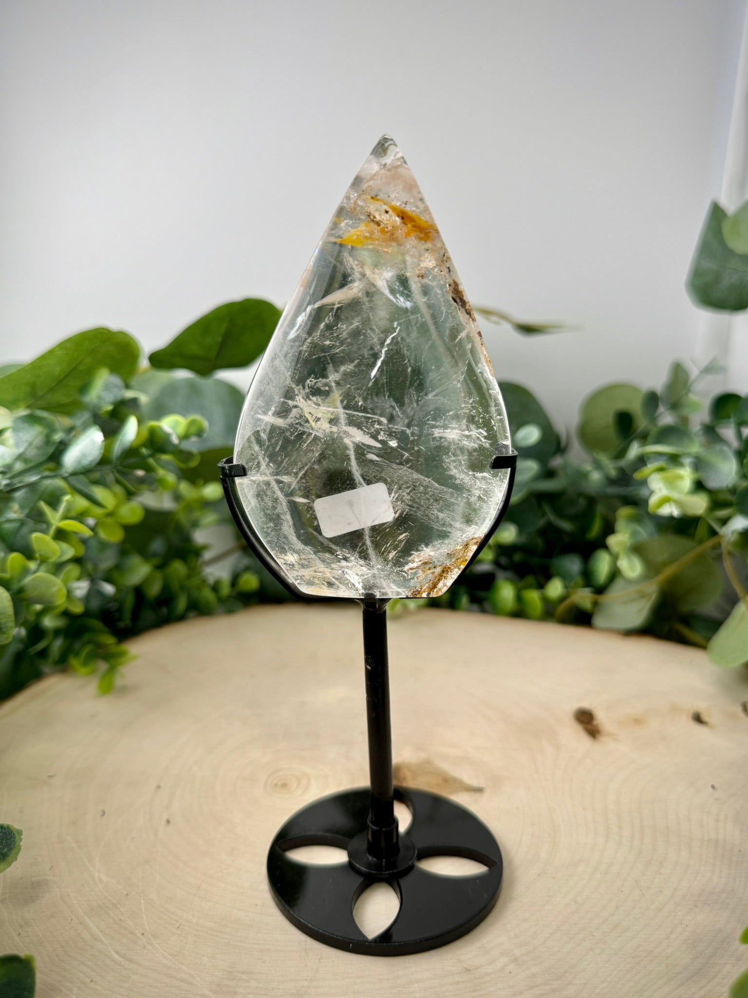 Clear Quartz Golden Healer Teardrop | Crystal Carving on Custom Display Stand