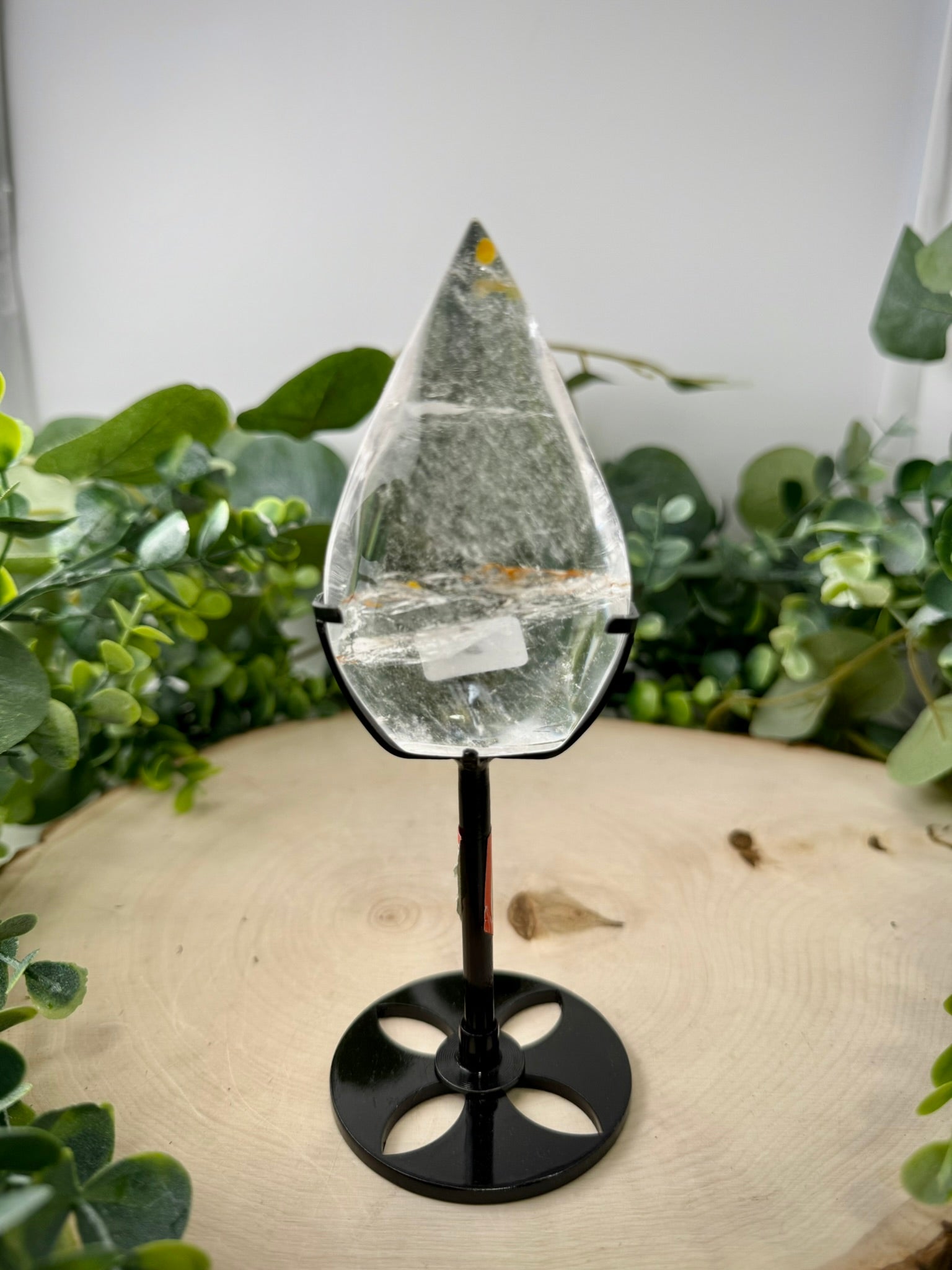 Clear Quartz Golden Healer Teardrop | Crystal Carving on Custom Display Stand