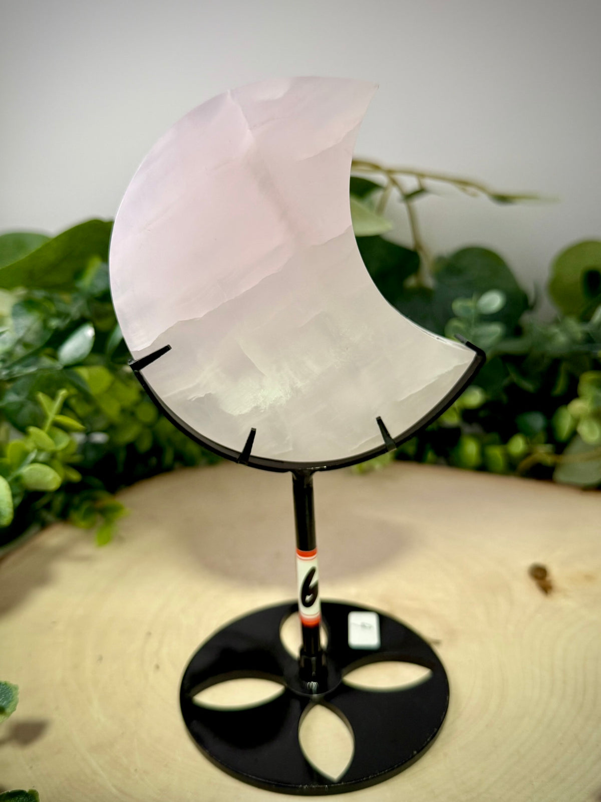 Mangano Calcite Moon Carving | Crescent Moon on Custom Display Stand - Still Water Crystals