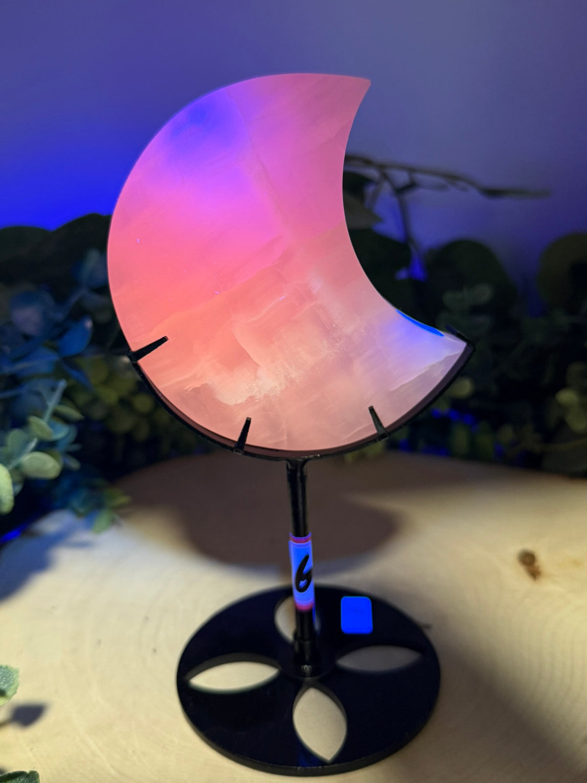 Mangano Calcite Moon Carving | Crescent Moon on Custom Display Stand - Still Water Crystals