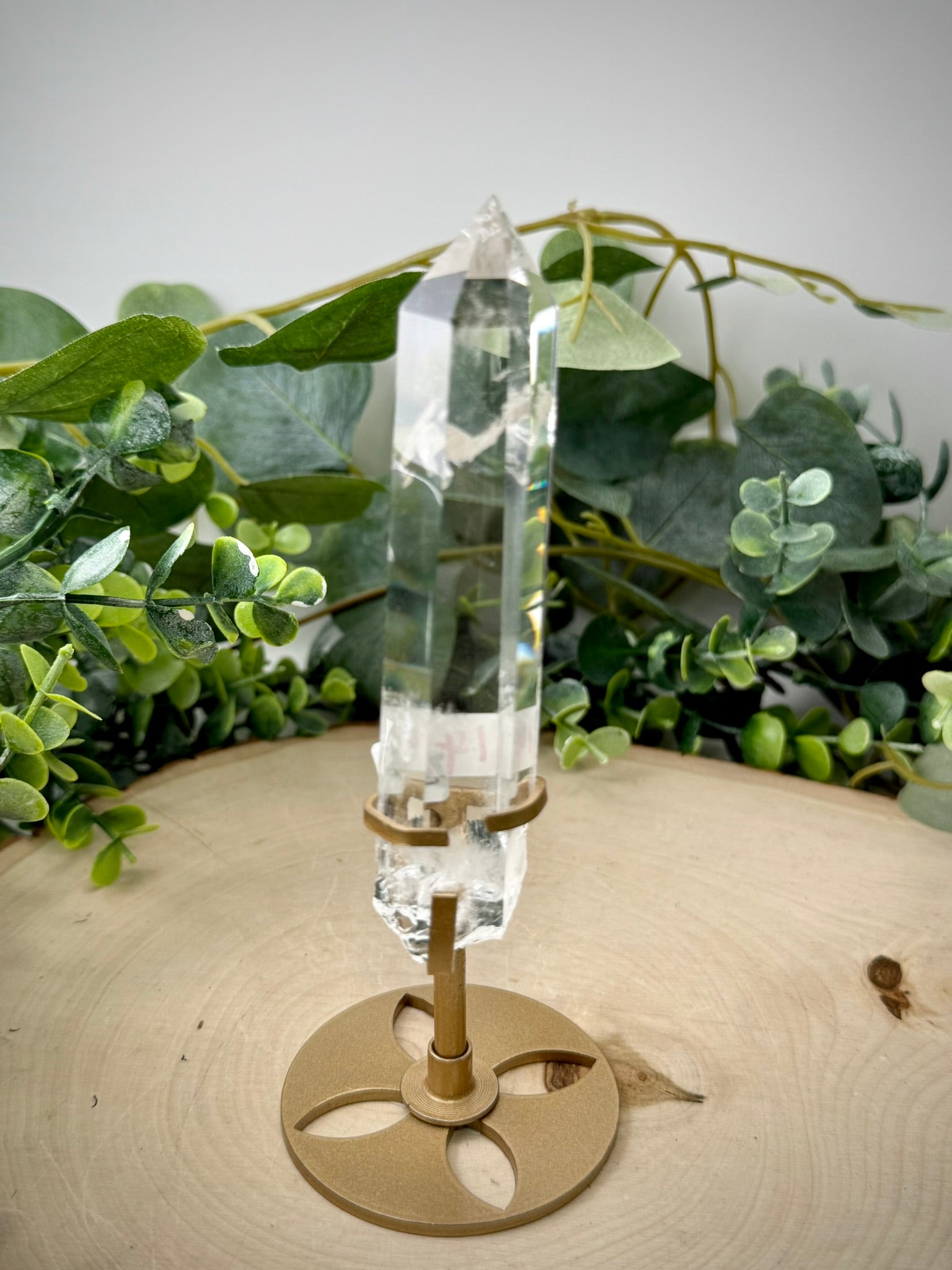 Clear Quartz Tower on Gold Display Stand | Natural Crystal Specimen
