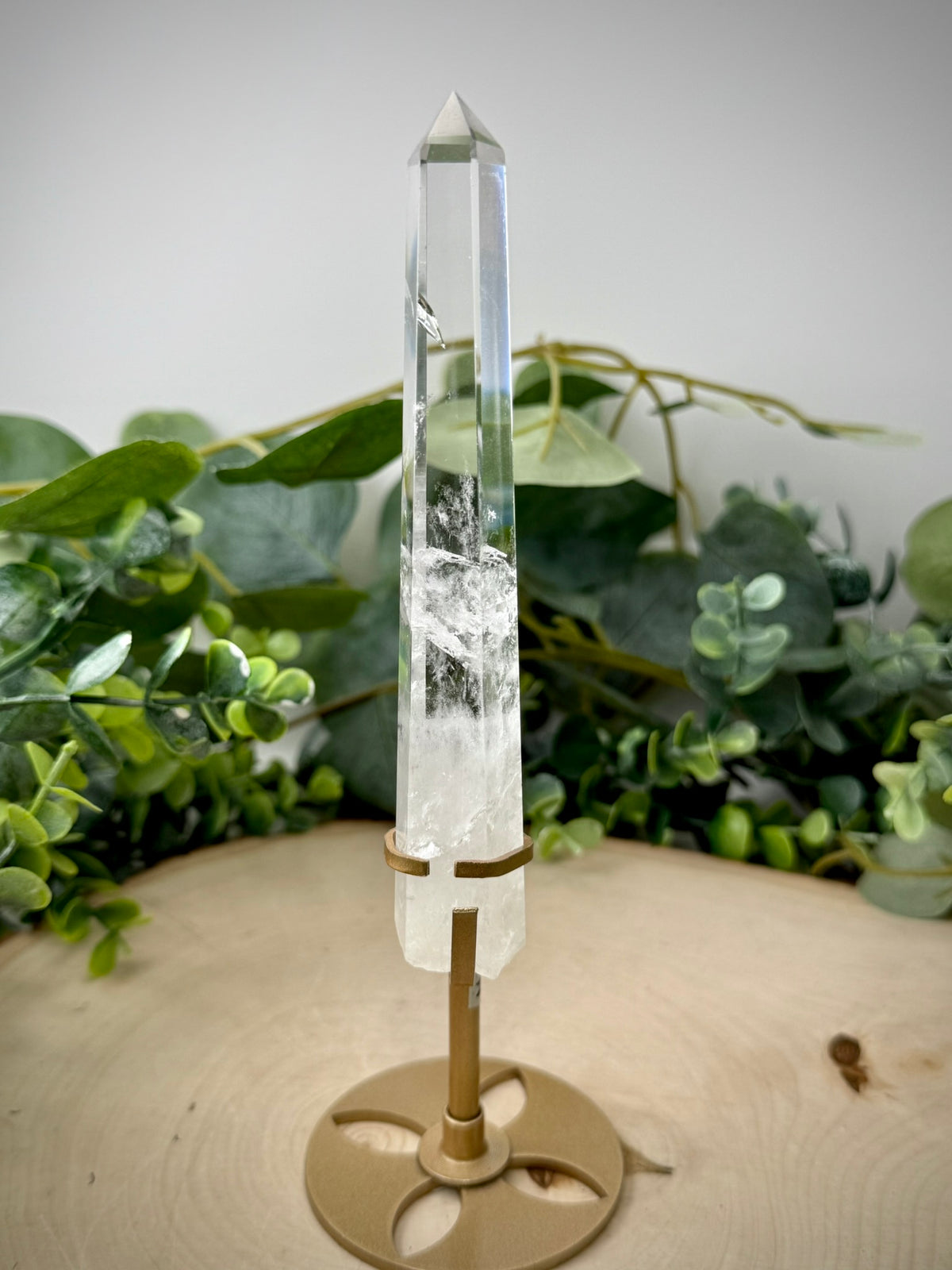 Clear Quartz Tower on Gold Display Stand | Natural Crystal Specimen