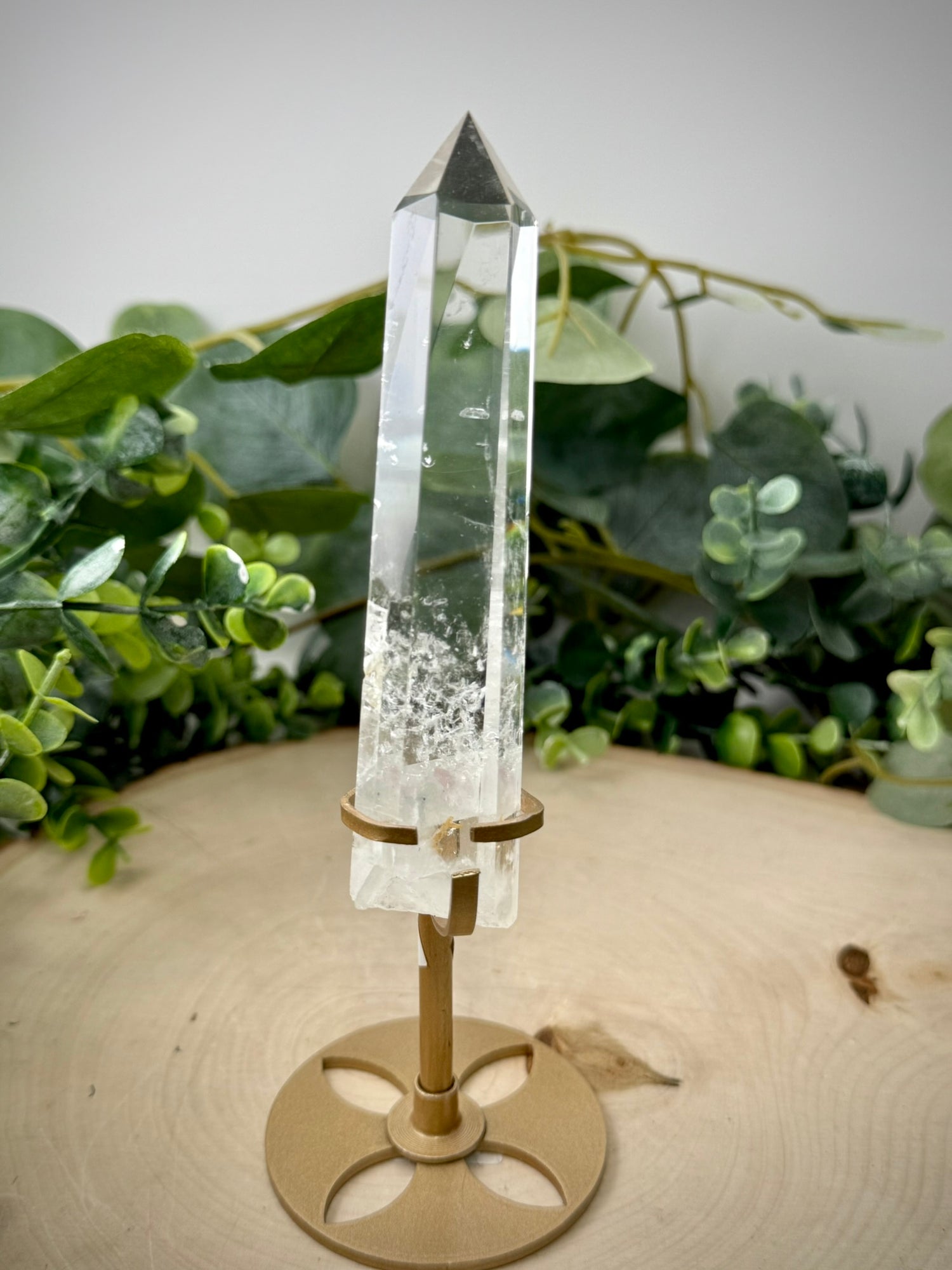 Clear Quartz Tower on Gold Display Stand | Natural Crystal Specimen