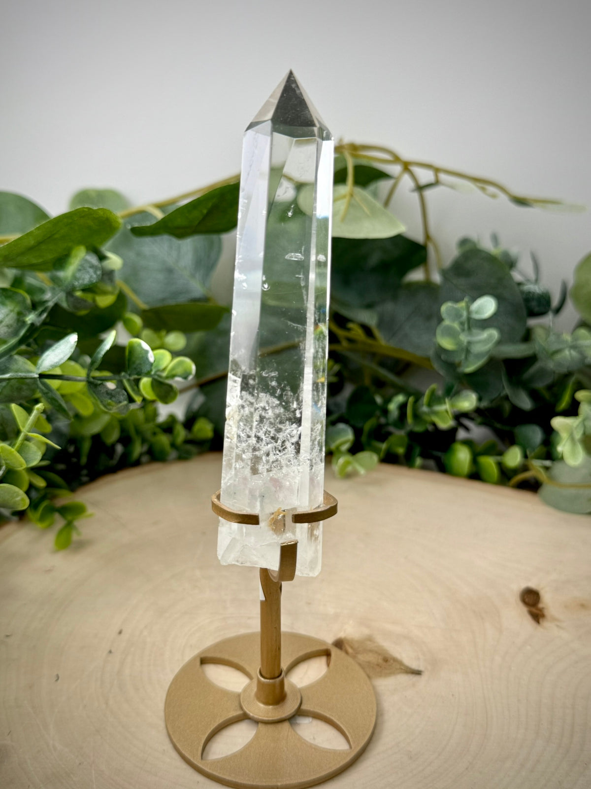 Clear Quartz Tower on Gold Display Stand | Natural Crystal Specimen