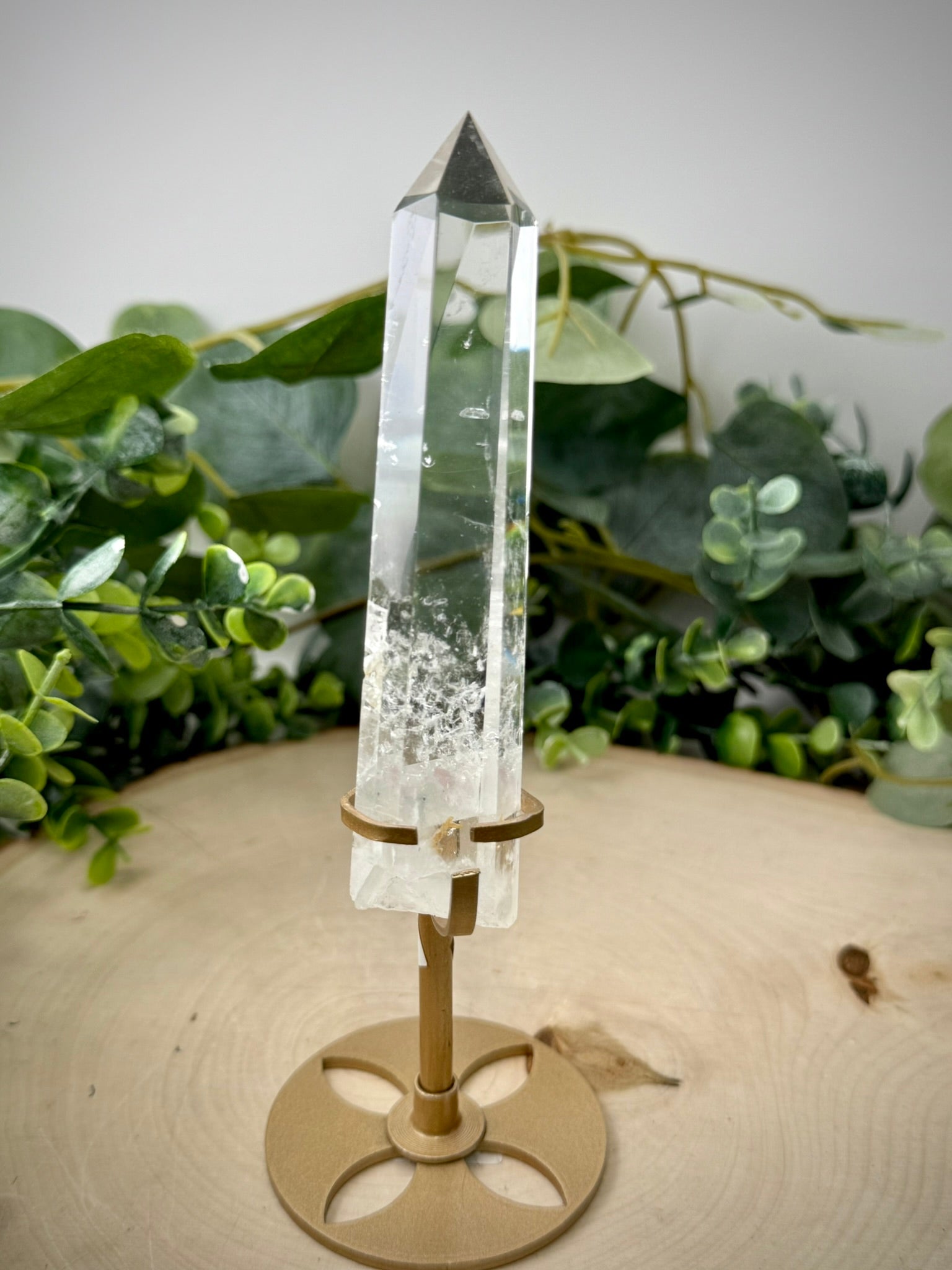 Clear Quartz Tower on Gold Display Stand | Natural Crystal Specimen