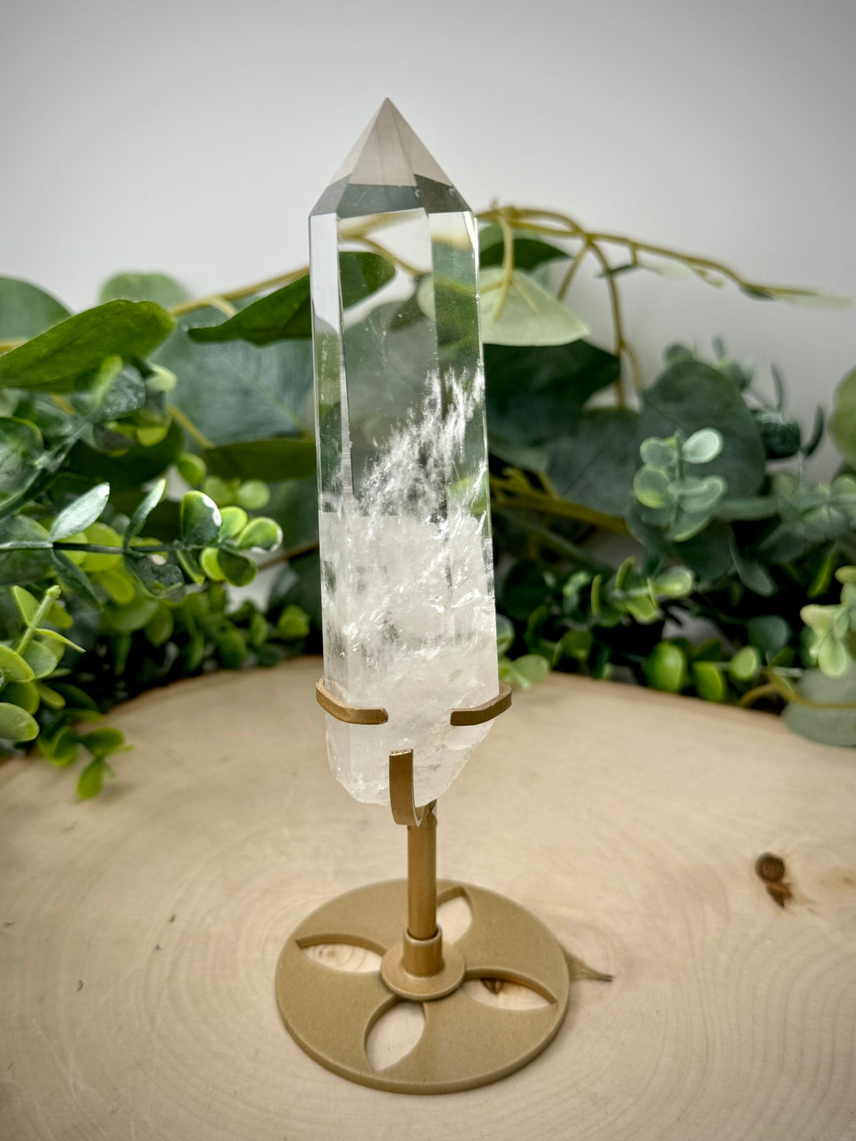 Clear Quartz Tower on Gold Display Stand | Natural Crystal Specimen