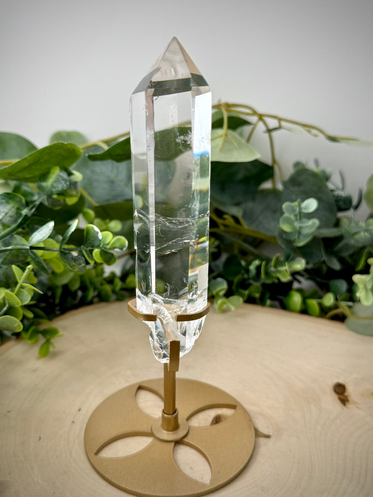 Clear Quartz Tower on Gold Display Stand | Natural Crystal Specimen