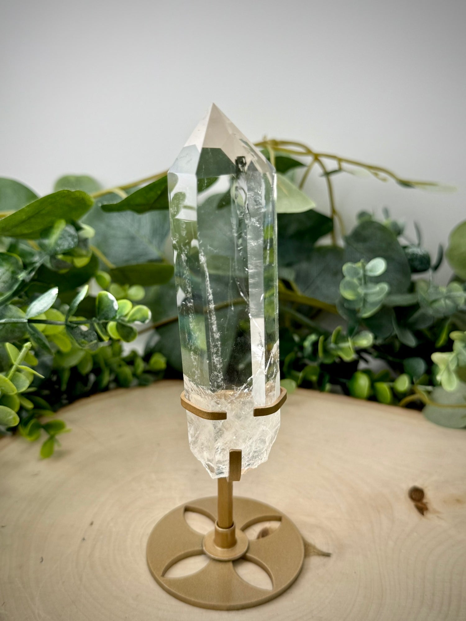 Clear Quartz Tower on Gold Display Stand | Natural Crystal Specimen