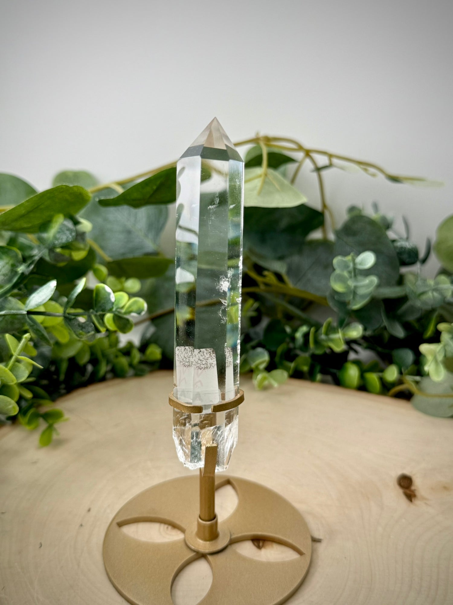 Clear Quartz Tower on Gold Display Stand | Natural Crystal Specimen