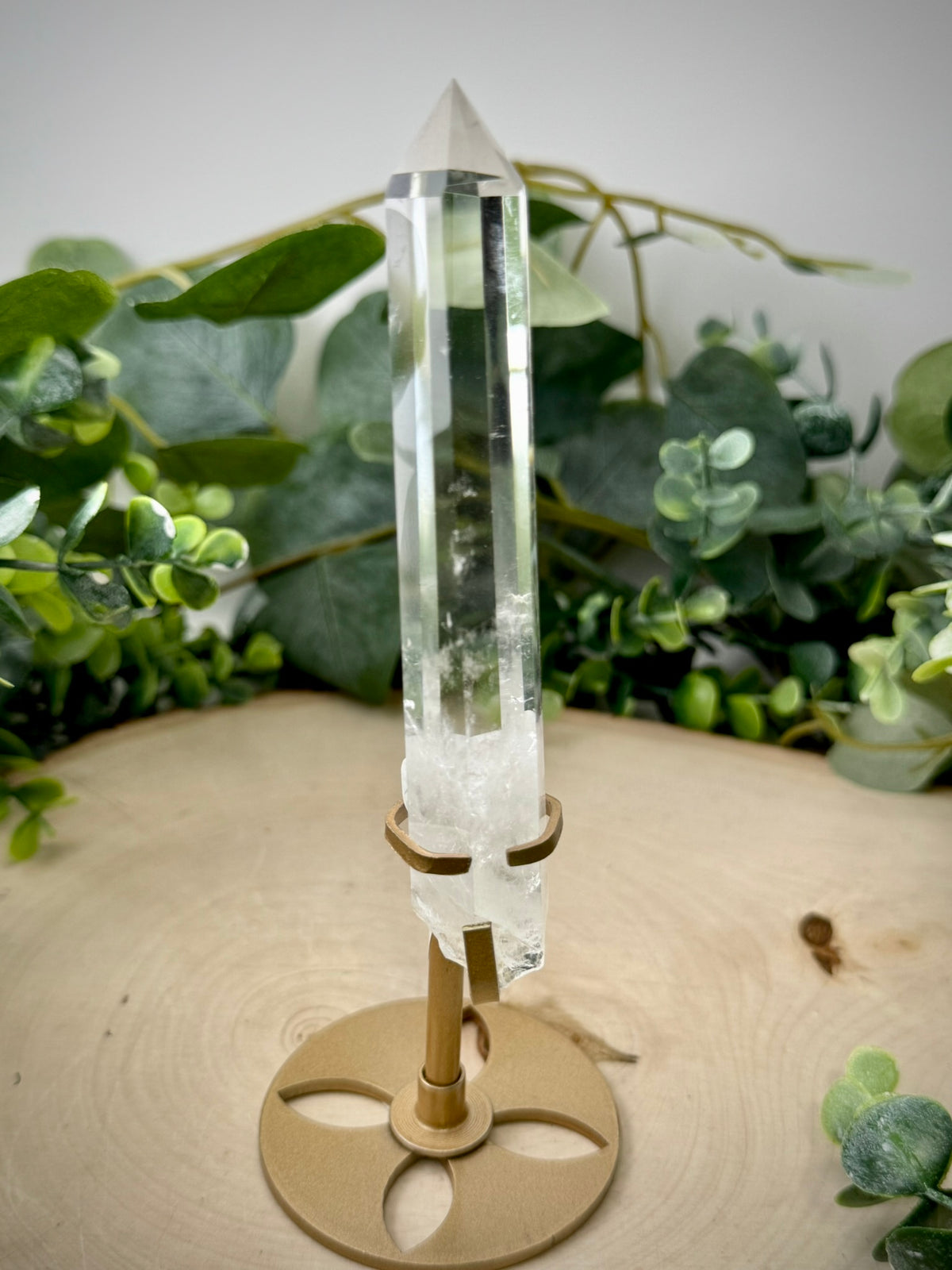Clear Quartz Tower on Gold Display Stand | Natural Crystal Specimen