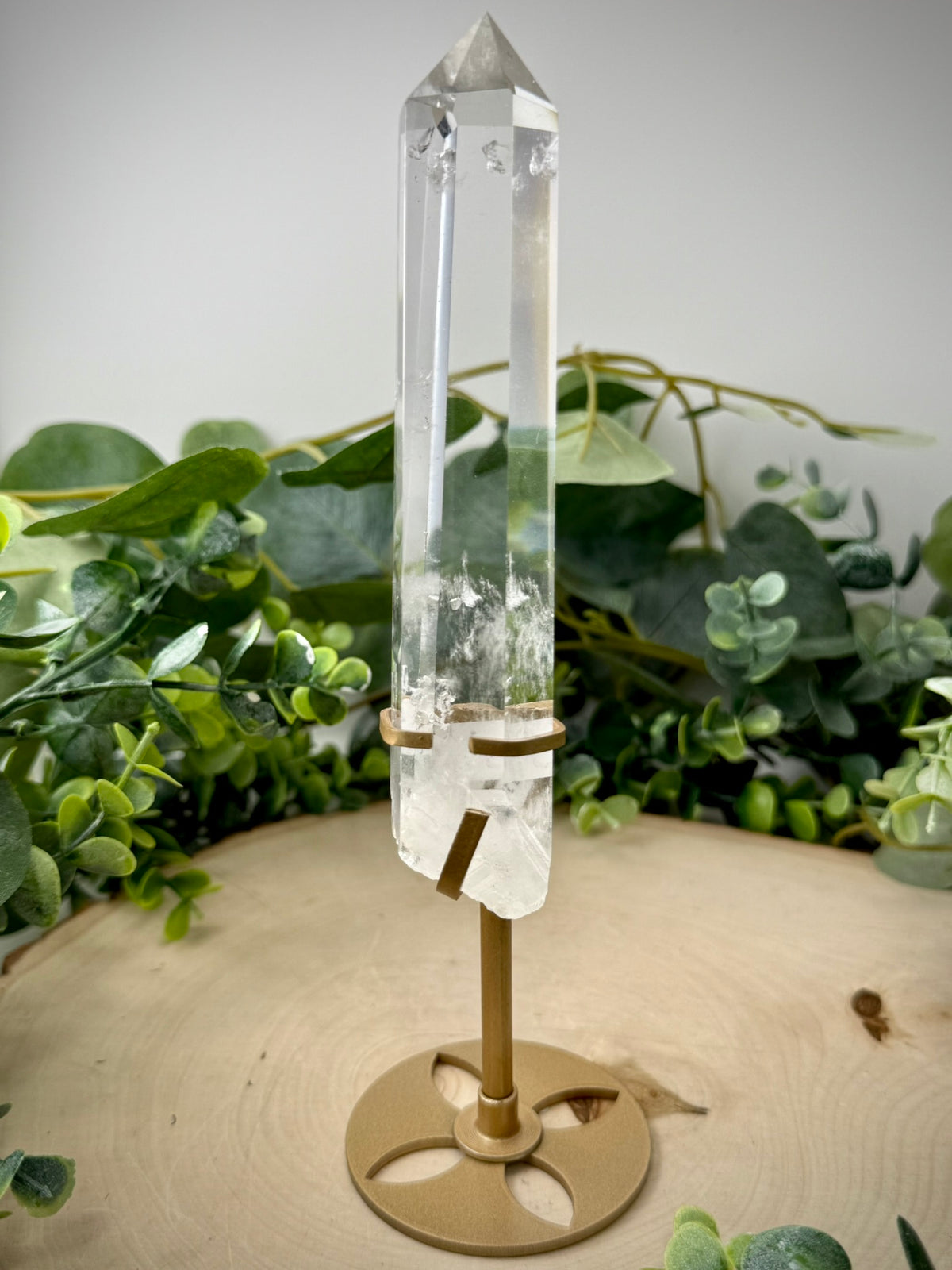 Clear Quartz Tower on Gold Display Stand | Natural Crystal Specimen