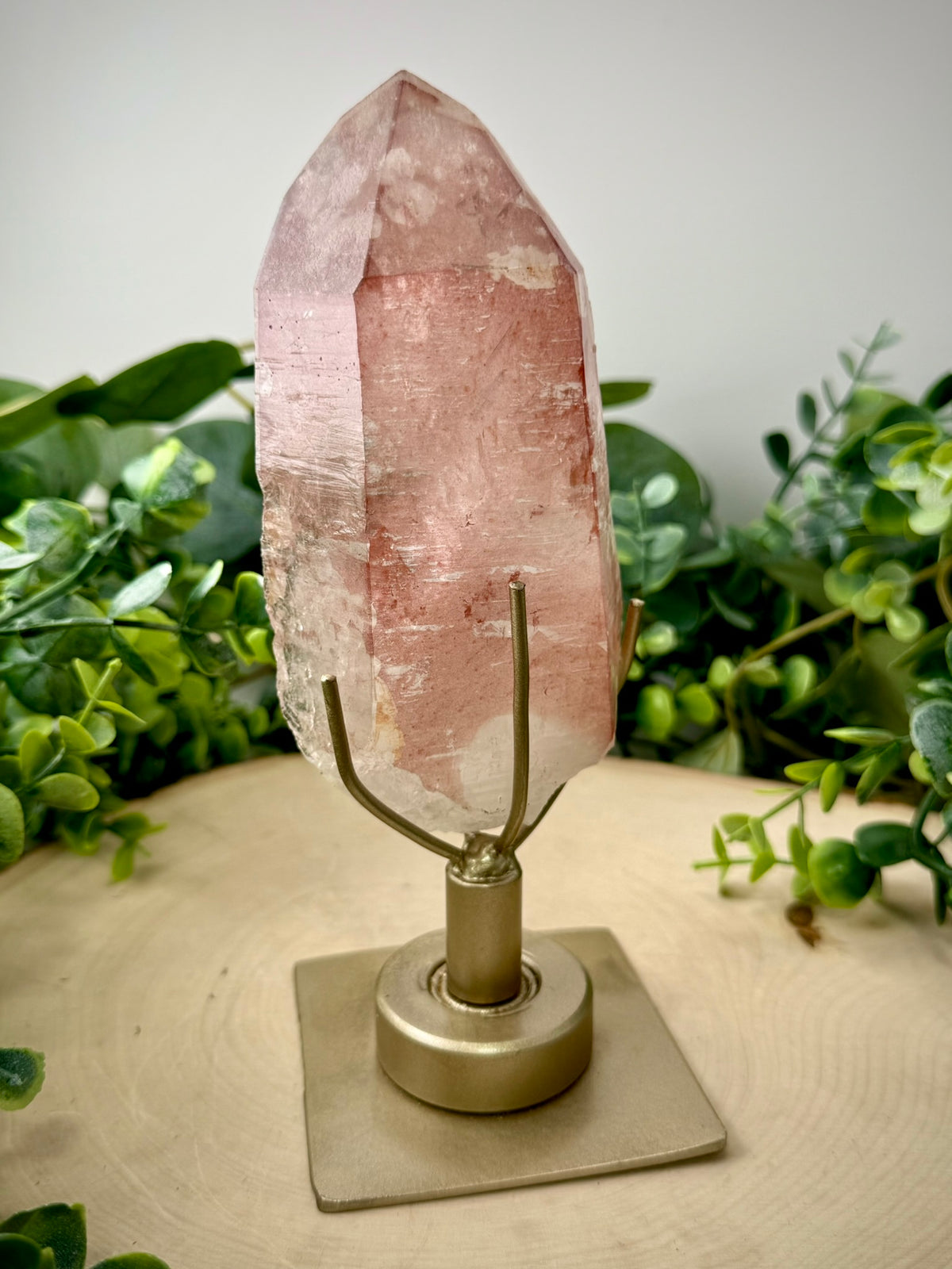 Raw Pink Lemurian Quartz from Brazil | Rotating Crystal Display Stand - Still Water Crystals