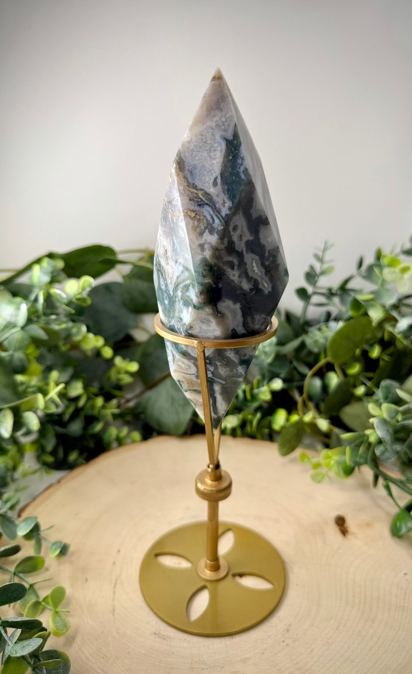 Moss Agate Faceted Double Terminated Crystal | Custom Rotating Display Stand