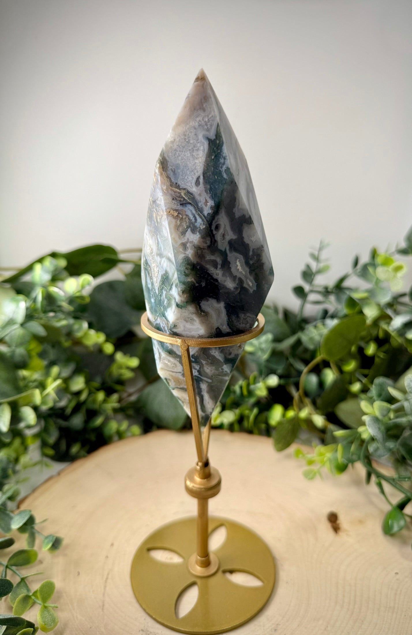 Moss Agate Faceted Double Terminated Crystal | Custom Rotating Display Stand