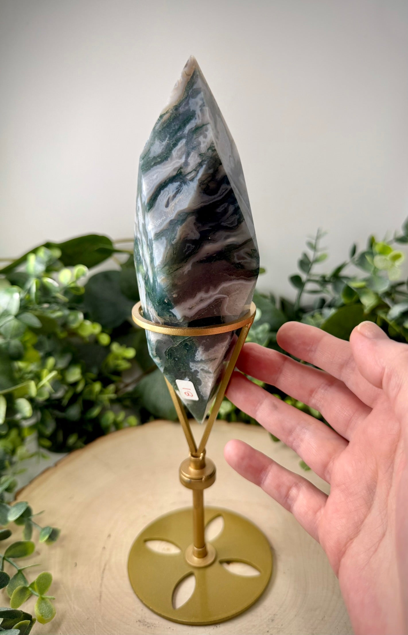 Moss Agate Faceted Double Terminated Crystal | Custom Rotating Display Stand