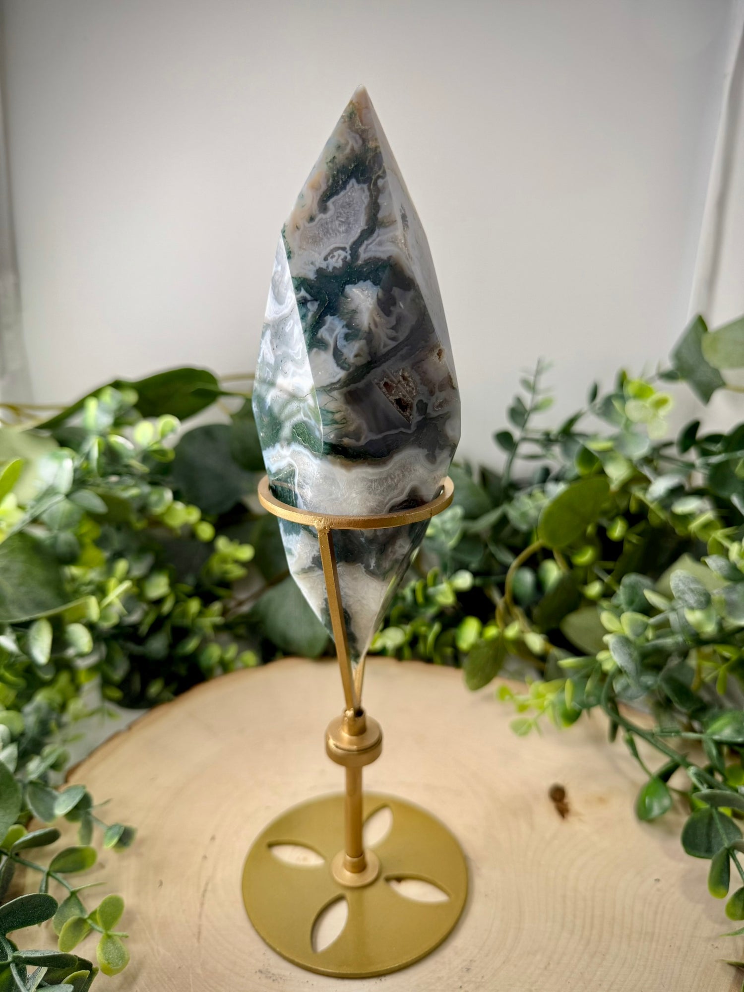 Moss Agate Faceted Double Terminated Crystal | Custom Rotating Display Stand