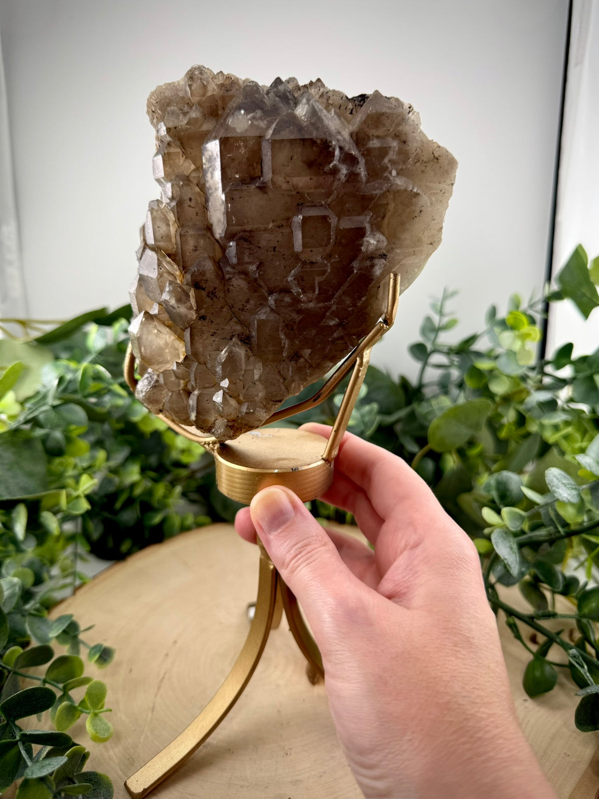 Brazilian Raw Elestial Smoky Quartz | Natural Crystal on Custom Rotating Display Stand