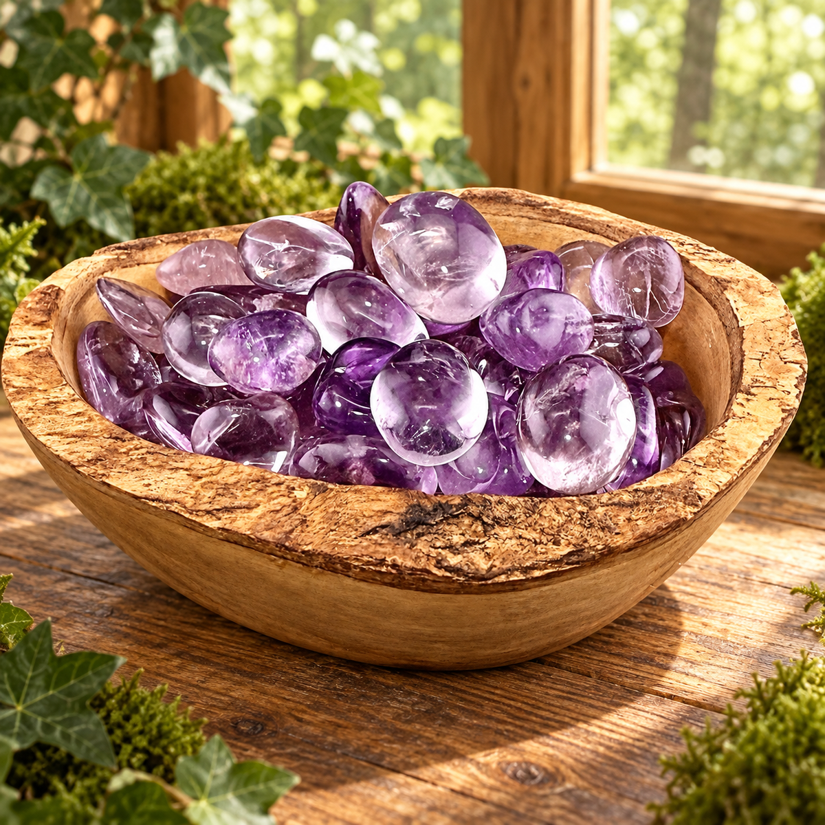 Polished purple amethyst tumbles in a rustic wooden bowl beside a sunlit woodland window