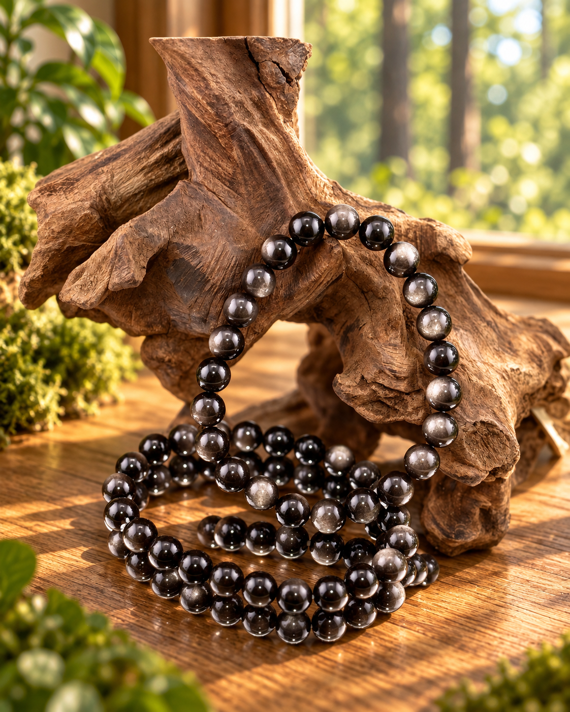 Gemstone bead bracelets displayed on driftwood in natural woodland light.