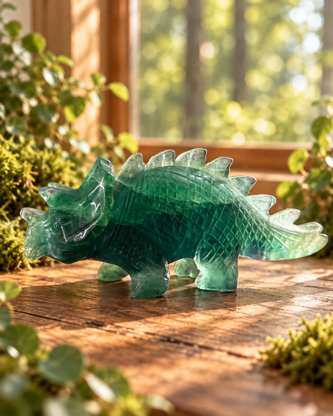 Green fluorite dinosaur crystal carving in a woodland window setting