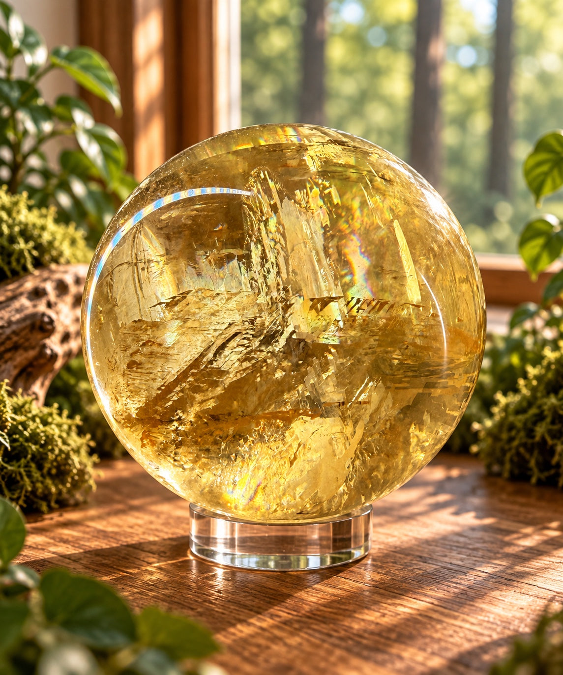 Golden calcite sphere on a clear stand in a woodland window setting