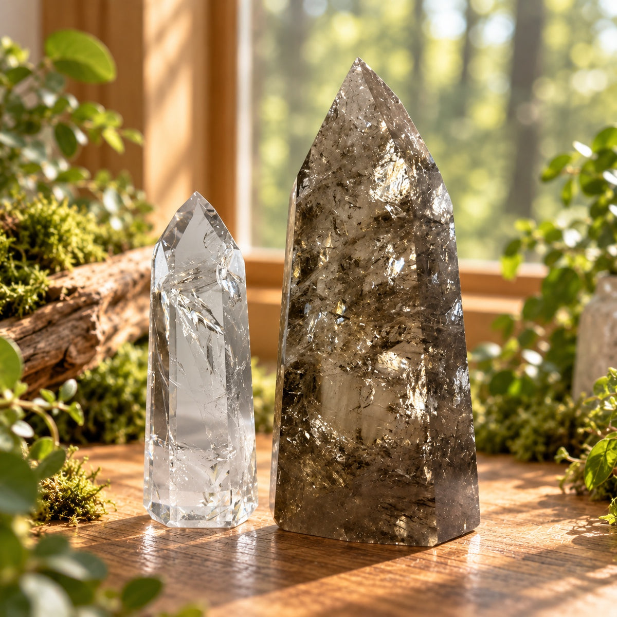 Clear quartz and smoky quartz crystal towers in a woodland window setting