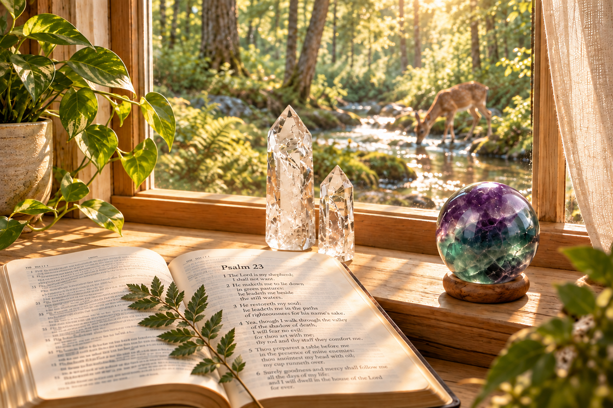 Still Water Crystals hero with Psalm 23 open on the right page, clear quartz towers, a purple-green fluorite sphere, and a deer drinking from a sunlit woodland creek.
