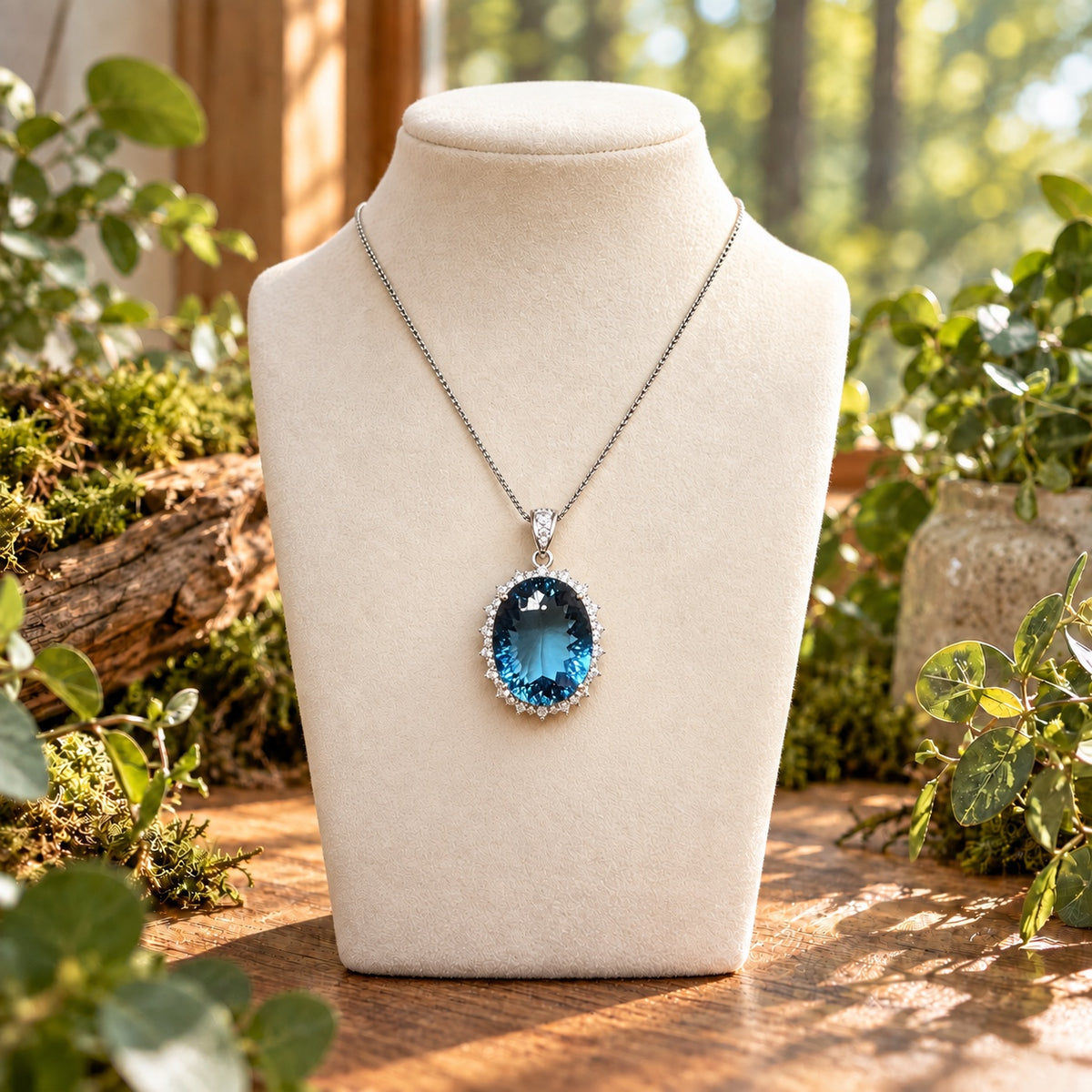 Blue gemstone pendant displayed on a cream necklace bust in a woodland window setting