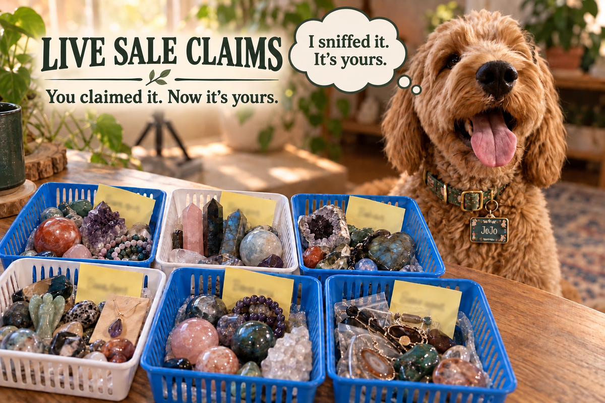 JoJo beside organized live sale claim baskets filled with crystals and jewelry.