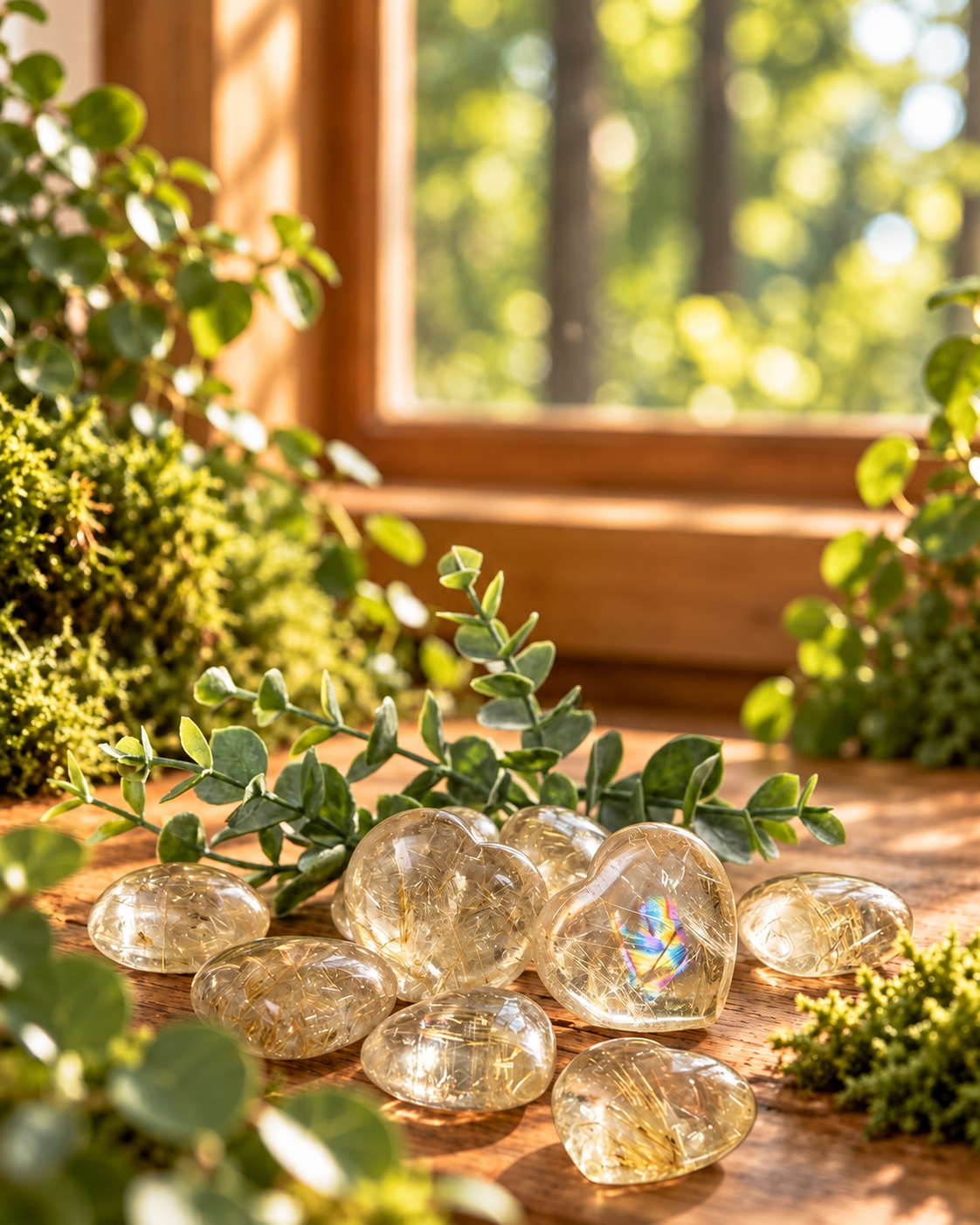 Polished rutilated quartz palm stones displayed in warm woodland light.