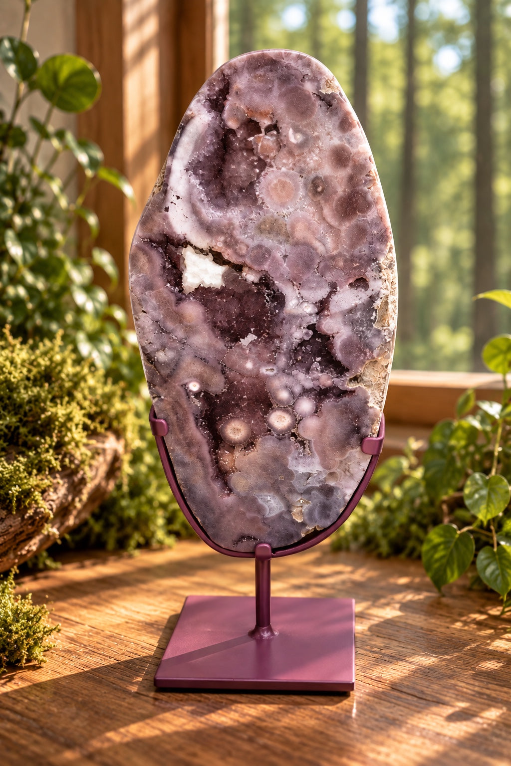 Large pink amethyst statement crystal displayed on a stand in a woodland window setting