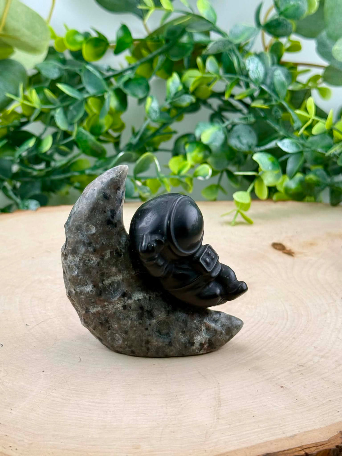 Obsidian Man on Yooperlite Moon | Fluorescent Crystal Space Figurine